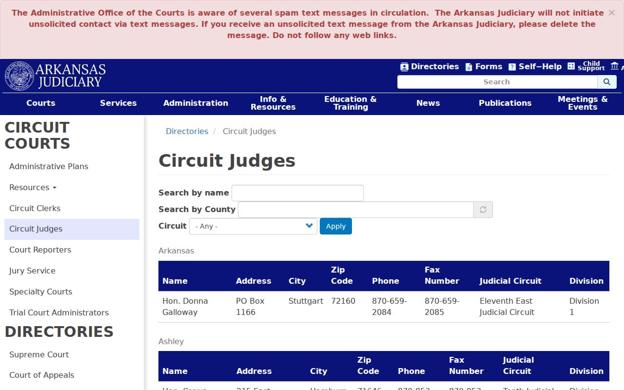 Yell County court calendar source from the circuit judges directory