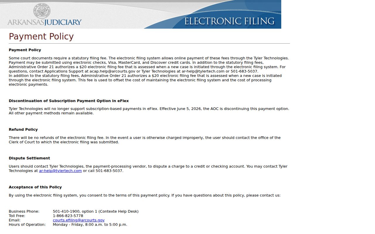 Yell County civil docket eFlex payment policy source
