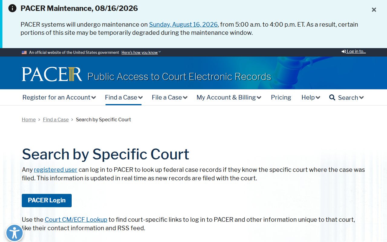 Yell County case lookup federal PACER search option